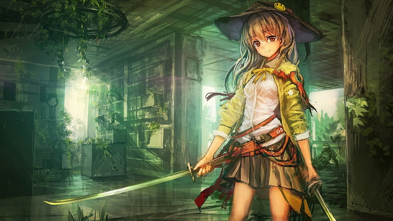 anime, original characters, 1080P, long hair, skirt, katana, op-center