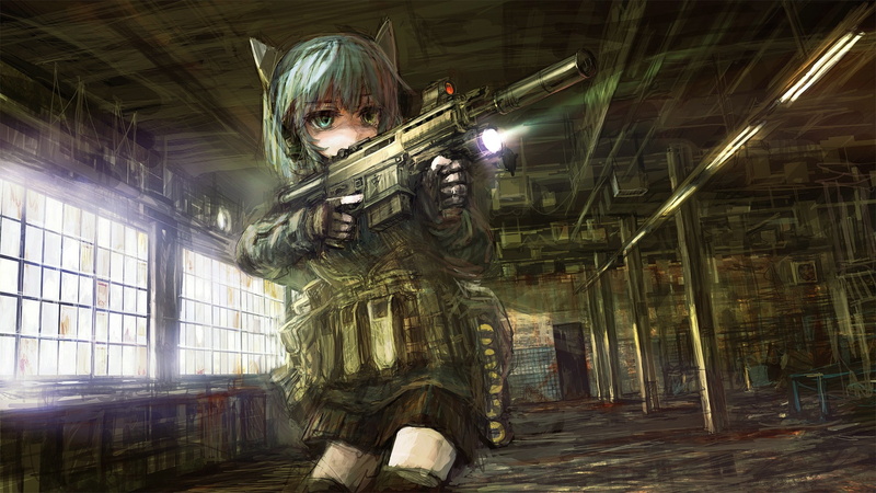 center, Anime Girls, Machine Gun, Op, anime, gun, 1080P