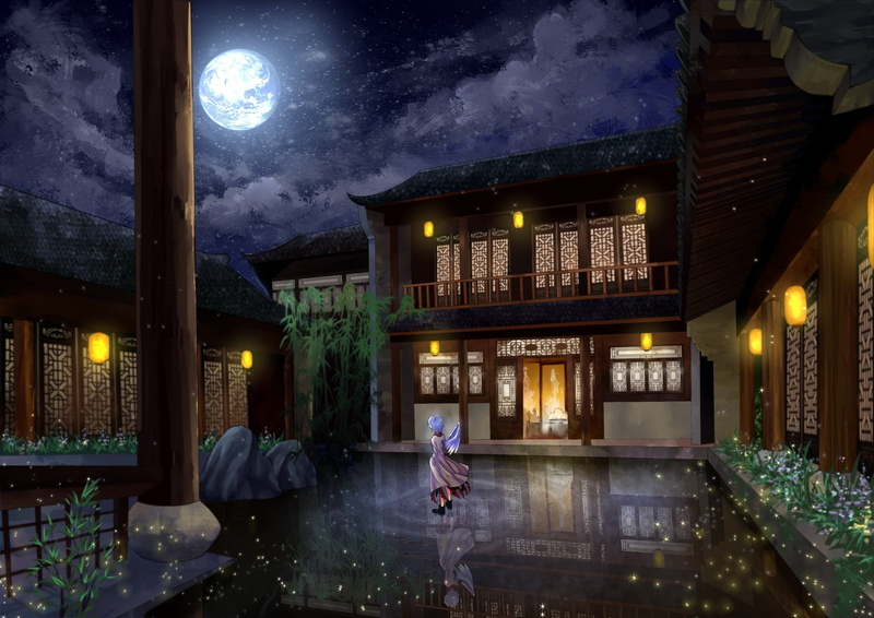 sky, building exterior, reflection, real people, rear view, window, building, Touhou, men, illuminated, built structure, people, dress, architecture, water