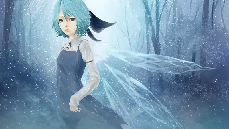 Cirno, anime, aqua hair, snow, short hair, anime girls, Touhou, looking at viewer, winter, forest, 1080P, green eyes, wings
