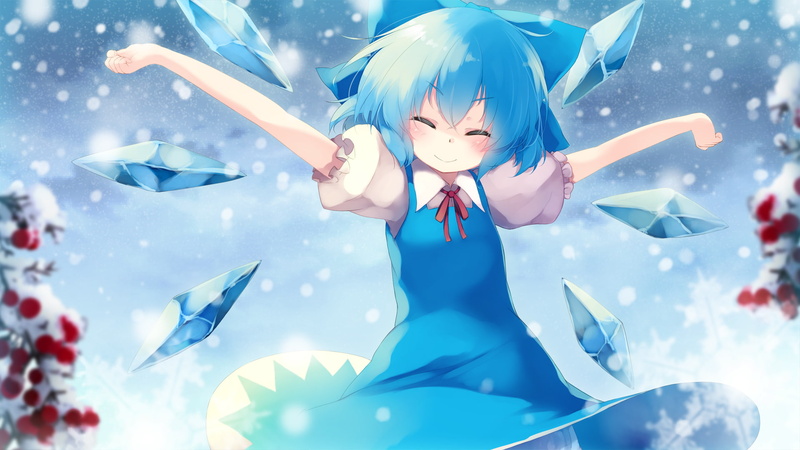 snow, konachan, winter, fairy, touhou, chihiro, gengetsu, com, wings, 1080P, short, 255978, dress, hair, cirno, aqua
