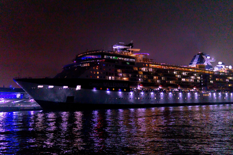 built structure, 5K, waterfront, boat, cruise, yokohama, night, nightlife, mode of transportation, illumianted boat, travel, no people, reflection, celebrity millennium