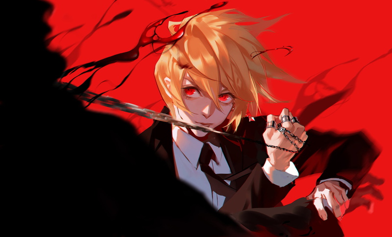 blood, rings, yellow hair, chains, red eyes, Hunter x Hunter, anime, red background, anime girls, 1080P, short hair, tuxedo, Kurapika