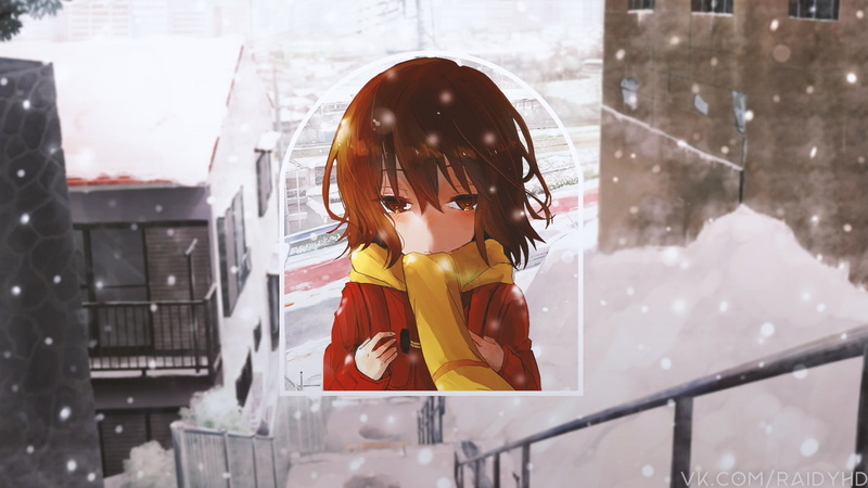 anime girls, looking at camera, winter, one person, lifestyles, childhood, picture-in-picture, females, outdoors, child, warm clothing, cold temperature