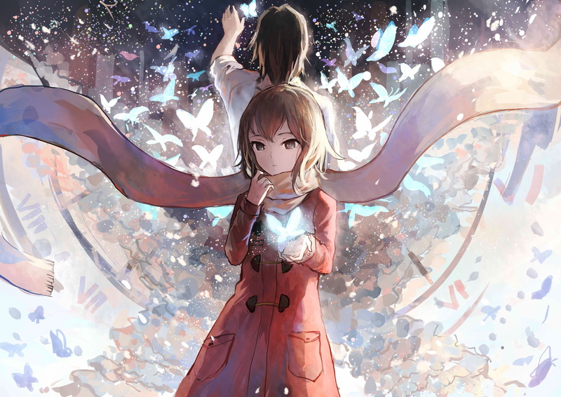 2K, Hinazuki Kayo, butterfly, anime girls, Fujinuma Satoru, anime, Boku dake ga Inai Machi, scarf