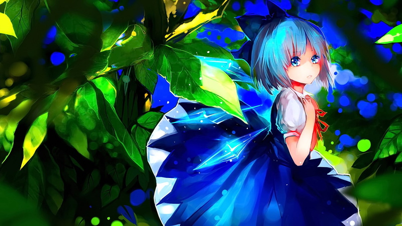 looking at viewer, blue, plant part, female likeness, 1080P, celebration, human representation, green color, art and craft, Cirno, creativity, plant, anime girls