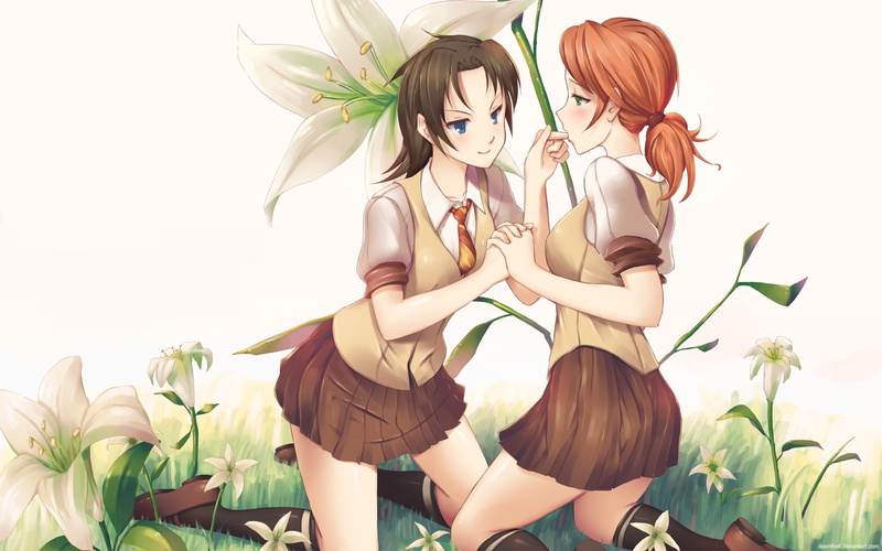 seifuku, fang, fantasy, oerba, kneehighs, girls, xiii, dia, doomfest, 1080P, ponytail, blush, yuri, orange, hair, final, vanille, yun, flowers, grass