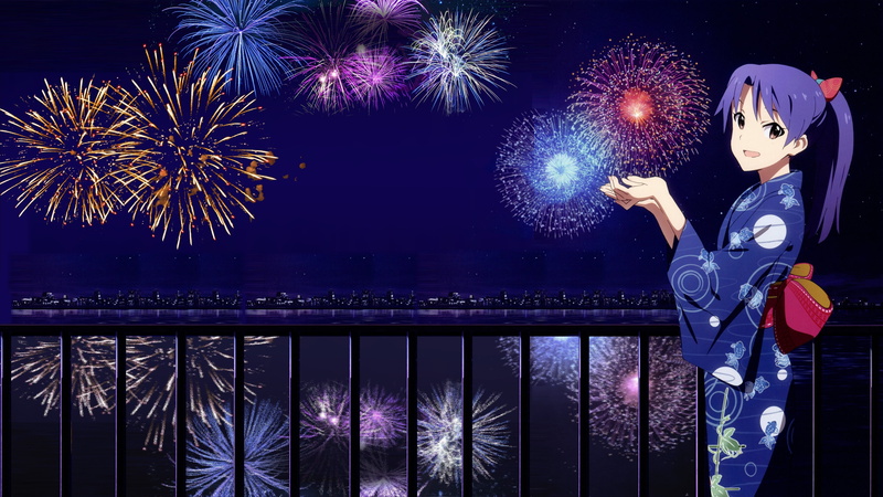 arts culture and entertainment, women, firework, outdoors, new years eve, standing, three quarter length, new year anime kimono fireworks the idolmster kisaragi chihaya