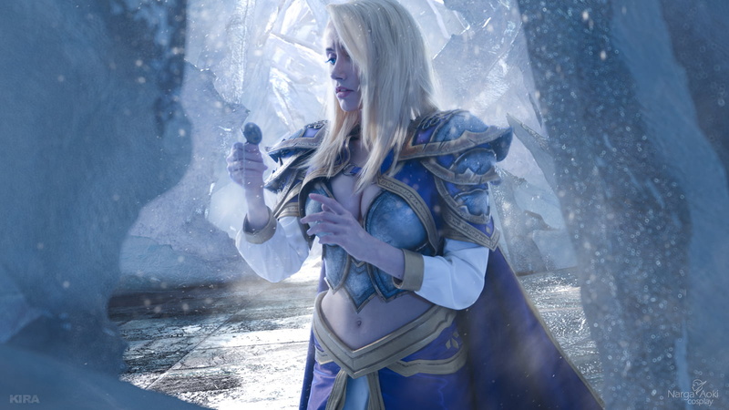 Warcraft, women, blonde, cosplay, Jaina Proudmoore, 720P, magician, Narga-Lifestream, blue eyes, snow, long hair, frown, World of Warcraft, robes, straight hair