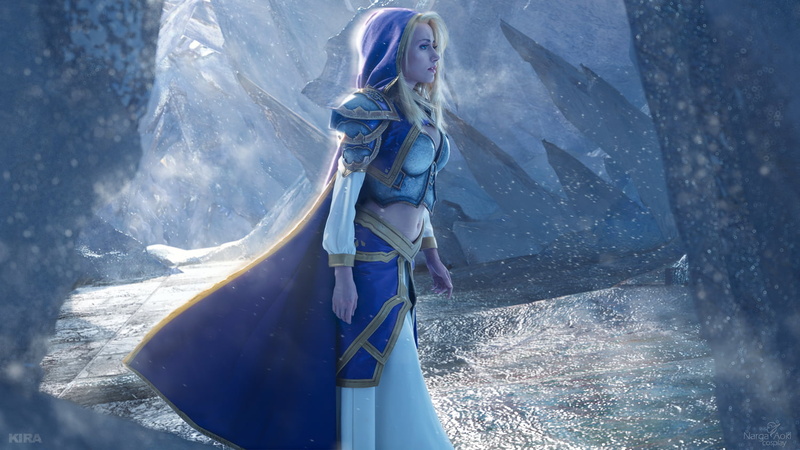 720P, magician, Warcraft, robes, ice, blonde, Narga-Lifestream, Jaina Proudmoore, hoods, armor, cosplay, cape, frown, women, snowing, snow, profile, blue