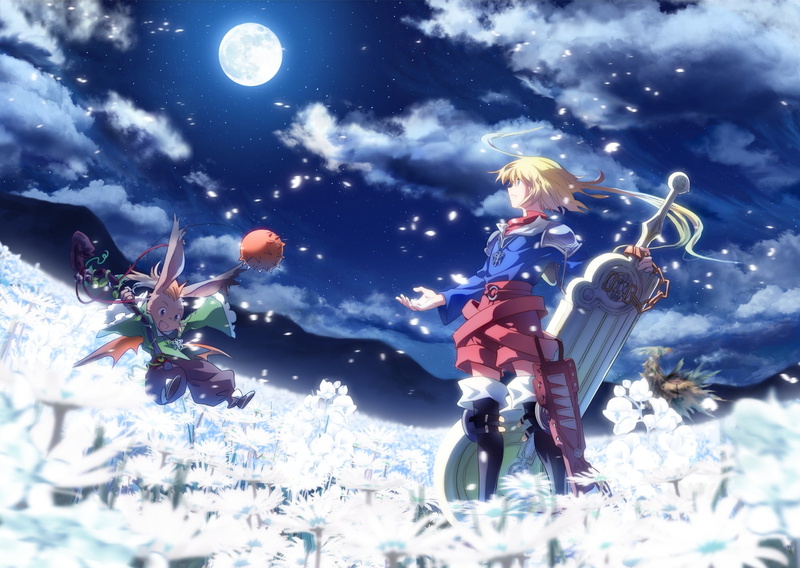 moon, blonde, luclu03, fantasy, weapon, final, eyes, sky, konachan, long, 255959, com, moogle, 1080P, sword, marche, hair, aqua, radiuju, petals, flowers
