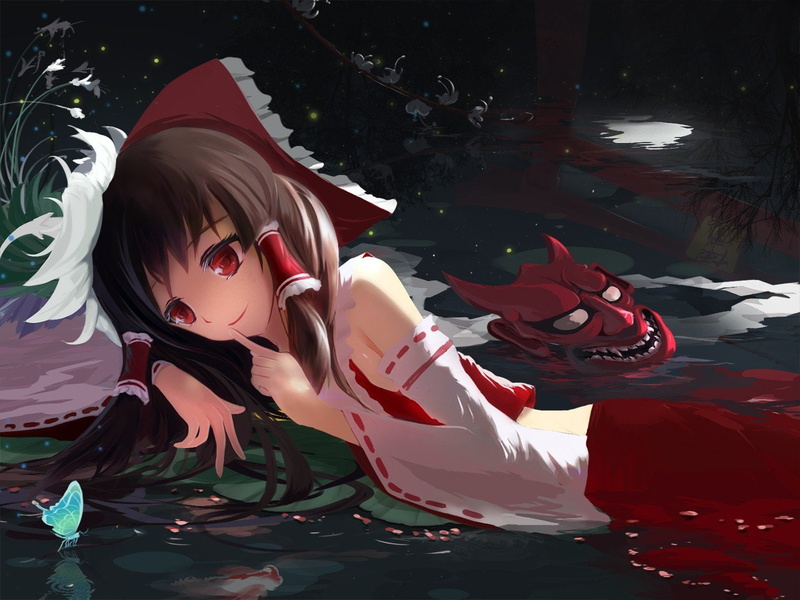 miko, japanese, anime, reimu, video, water, games, dress, clothes, long, sleeves, touhou, smiling, 720P, branches, skirts, girls, petals, asian, architecture