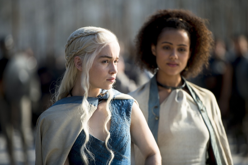 wearing, tops, thrones, sleeveless, neck, dragon, Daenerys Targaryen, blue, 4K, white, Missandei, v, cape, game, Game of Thrones, mother