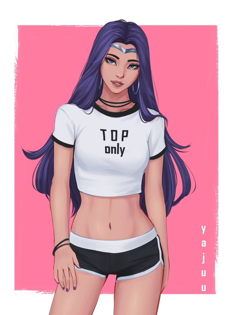 Riot Games, League of Legends, digital art, video games girls, purple hair, Irelia (League of Legends), blue eyes, 1080P, video game characters, short tops