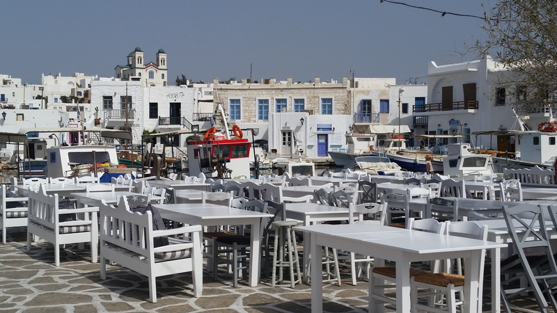 outdoors, vacation, holiday, no people, table, built structure, water, greece, city, restaurant, 5K, day, seat, chair, sky, travel, nature, building exterior