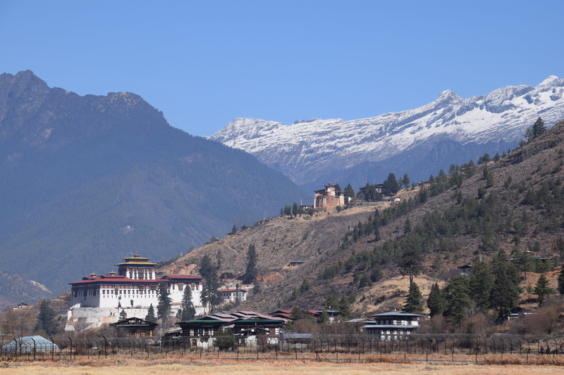 nature, snowcapped mountain, Paro, Bhutan, landscape, white, Landmark, mountain, Rinpung Dzong, 5K, building, tree, beauty in nature, clear sky, house
