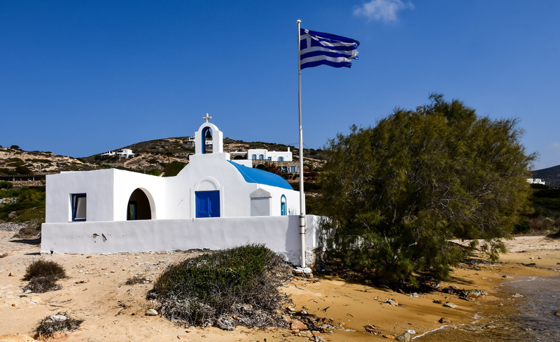 day, building, sea, paros, beach, cyclades, blue, belief, nature, sky, tree, religion, spirituality, outdoors, 5K, flag, greece, place of worship, building exterior
