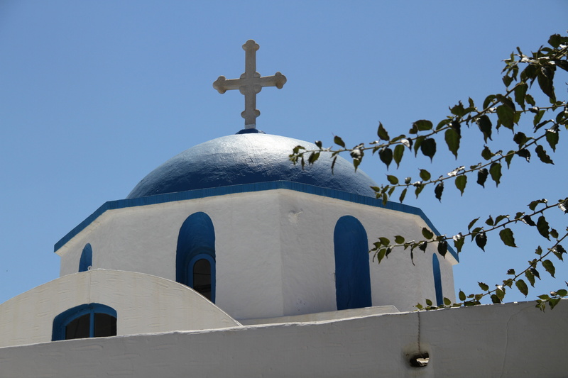 sunlight, building, place of worship, clear sky, belief, religious equipment, 5K, built structure, paros, cross, no people, blue, travel, architecture