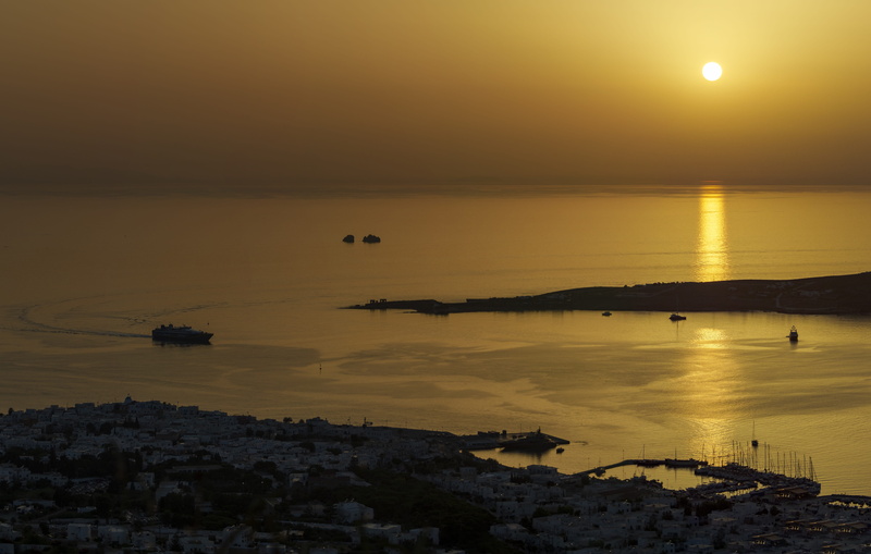 reflection, dusk, paros, seascape, sun, cyclades, ocean, outdoors, idyllic, paradise, evening, beauty in nature, beach, nature, holiday, outdoor, sky, tourism