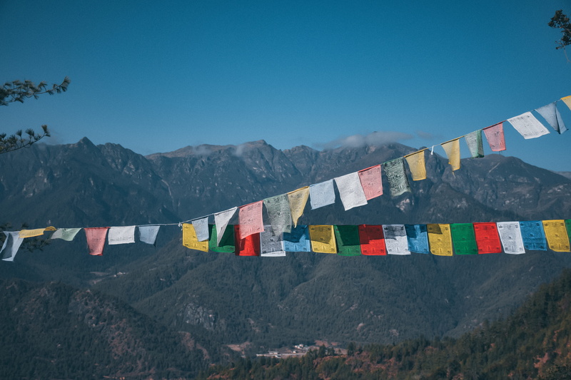 landscape, environment, religion, mountain, clear sky, buntings, multi colored, prayer, tigers nest bhutan, outdoors, trekking, peak, leisure activities