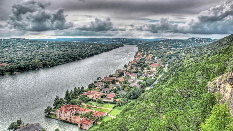 nature and landscapes, mountain, town, lovely, clouds, riverfront, river, mansions, hdr, trees, 1080P