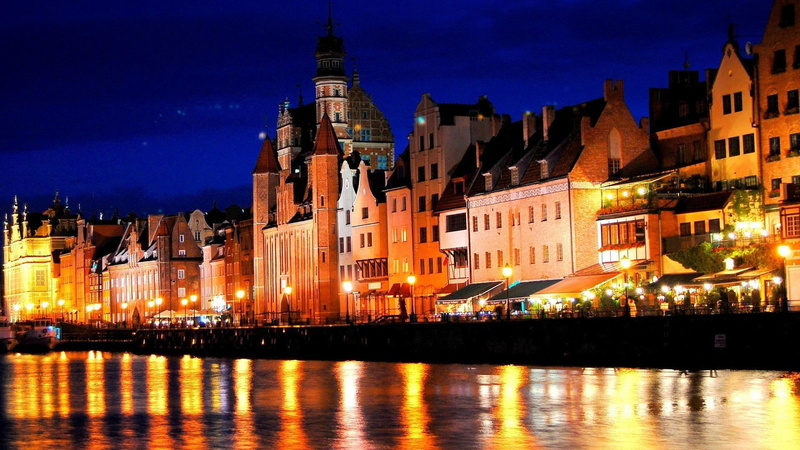 lights, 1080P, nature and landscapes, city, riverfront, night, gdansk, pol, reflection