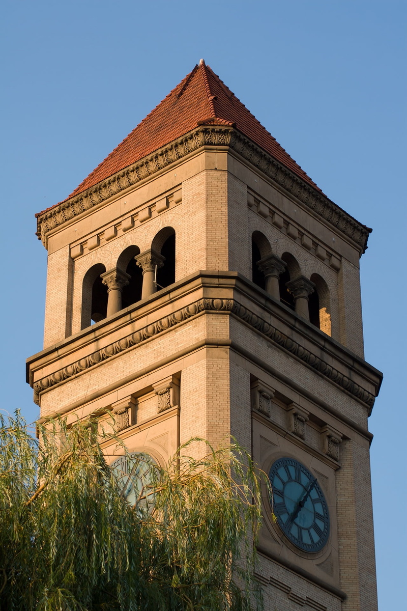 spokane, arch, clear sky, building exterior, riverfront, low angle view, no people, washington, plant, nature, clock, sunlight, outdoors, the past, sky