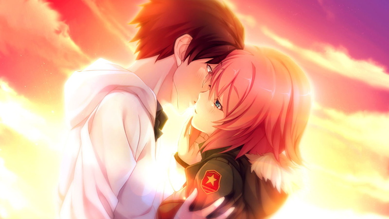 youji, bullet, clouds, kiss, sayaka, kanzaki, sunset, blue, red, innocent, blush, oosaki, brown, eyes, sky, hair, shinya, nachi, 720P, game