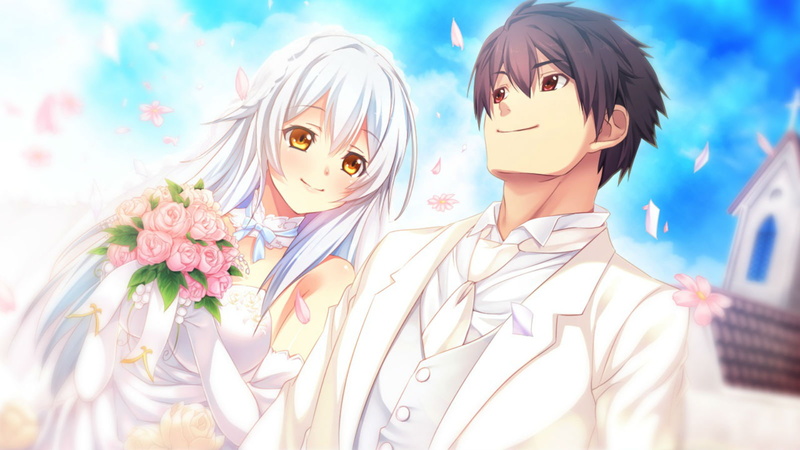 eyes, flowers, youji, petals, long, game, oosaki, yellow, shinya, miyasu, short, nachi, blush, white, 720P, brown, dress, sanae, innocent, wedding, hair