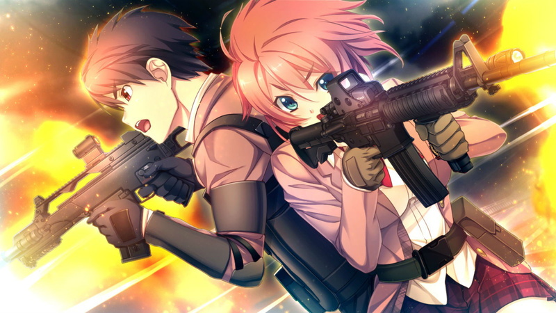 youji, shinya, innocent, oosaki, weapon, 720P, red, gun, short, blue, bullet, nachi, gloves, black, sayaka, eyes, game, hair, seifuku, kanzaki