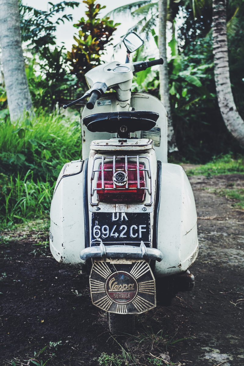 single object, nature, wanderlust, travel, western script, mode of transportation, rusty, vespa, 5K, field, asia, ubud, tropical, number, woods, close-up