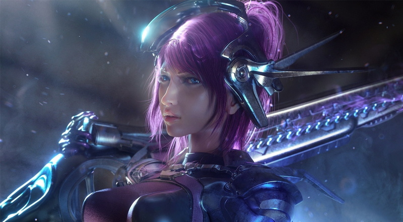 macha, warrior, girl, oppai, weapon, 1080P, purple hair, japonese, bishojo