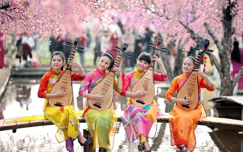 Four, Girls, Chinese, Playing, 2K, Pipa
