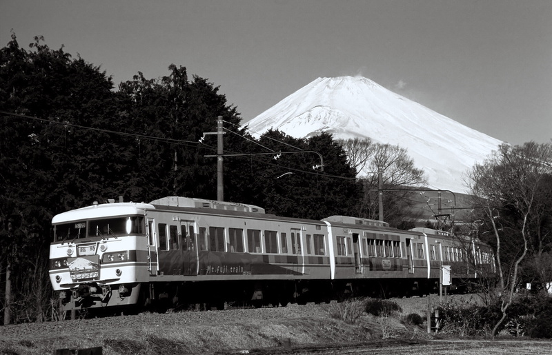 beautiful, mt fugi, 4K, land vehicle, train, sky, transportation, japan, railroad, travel, mountains, railroad car, tree, railroad track, mountain, snowcapped mountain