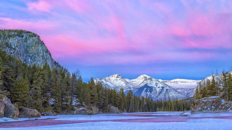 Mountain, River, Purple, 1080P, Winter, Canada, National, Clouds, Park, Sky