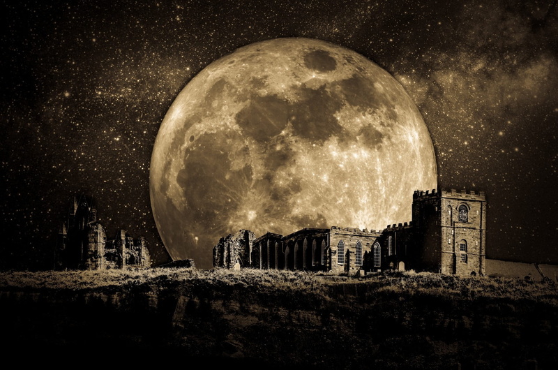 planetary moon, moonlight, star - space, space and astronomy, landscape, horizon, architecture, space, monastery, moon, fantasy, galaxy, vignette, whitby