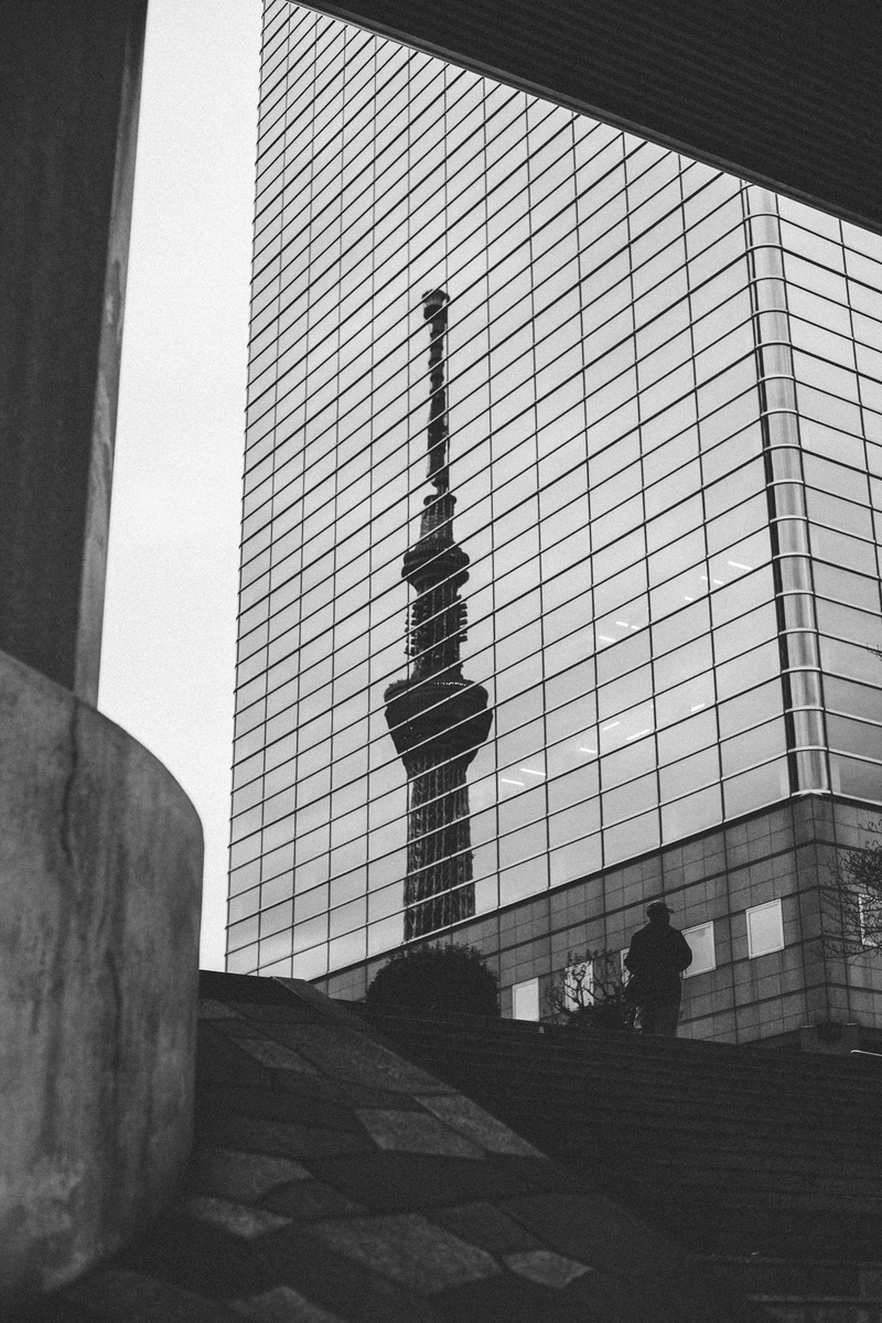 modern, steeple, person, built structure, men, building, sumida river, low angle view, office building, grey, urban, symbol, silhouette, sky, tokyo, tall - high