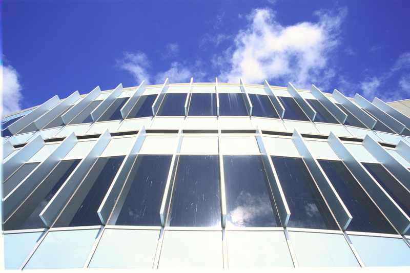 day, directly below, building, pattern, reflection, office, construction site, modern, cloud - sky, office building exterior, built structure, low angle view
