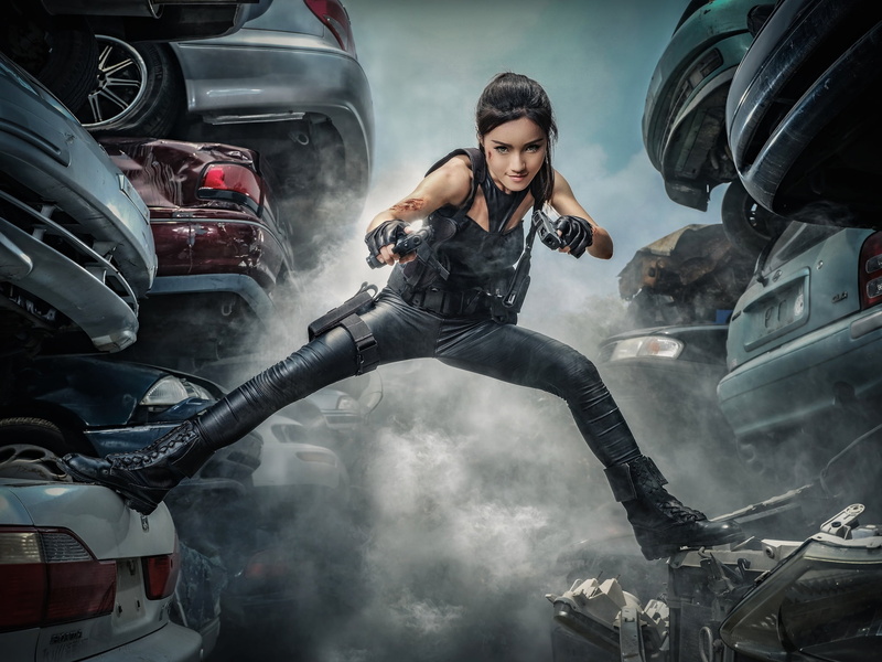 casual clothing, leisure activity, car, motor vehicle, Asian, females, full length, one person, gun, young women, wreck, transportation, land vehicle, women