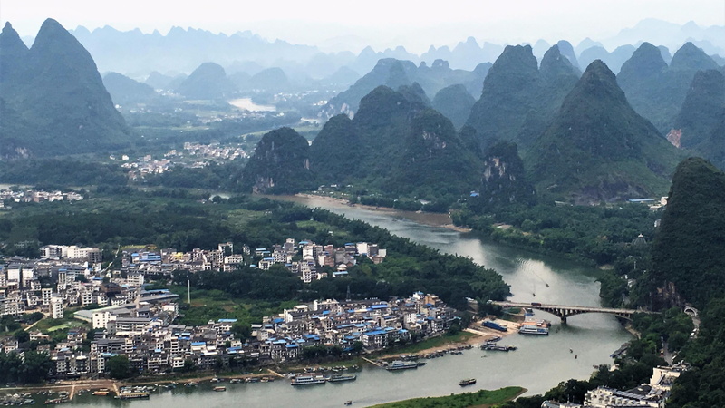 transportation, day, built structure, architecture, panorama, nautical vessel, no people, river, building, water, guilin, 4K, china, mountain, karst, high angle view