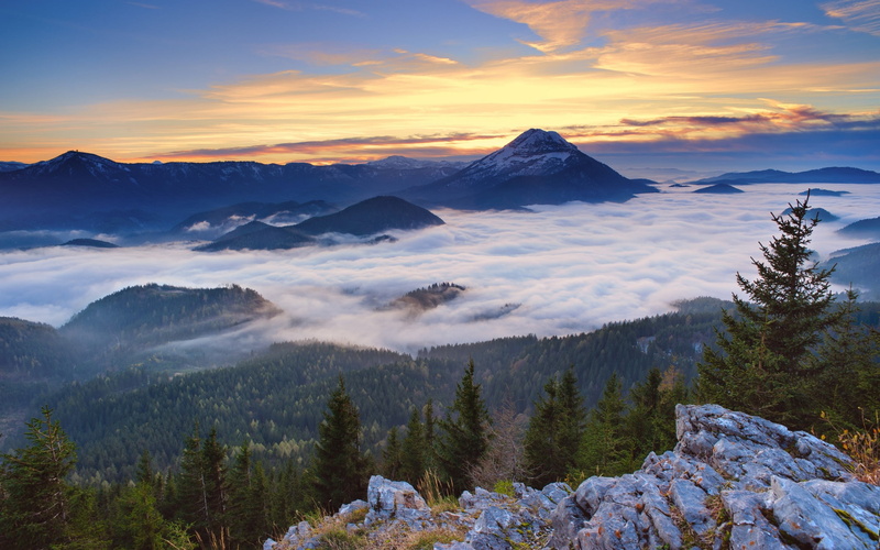 cloud - sky, pine tree, valley, trees, sky, forest, outdoors, mountains, tranquility, Europe, nature, winter, environment, mountain range, sunset, non-urban scene