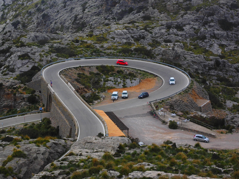 mountain road, no people, curve, gorge, mallorca, spain, nature, mode of transportation, winding road, rock - object, road, connection, several, outdoors