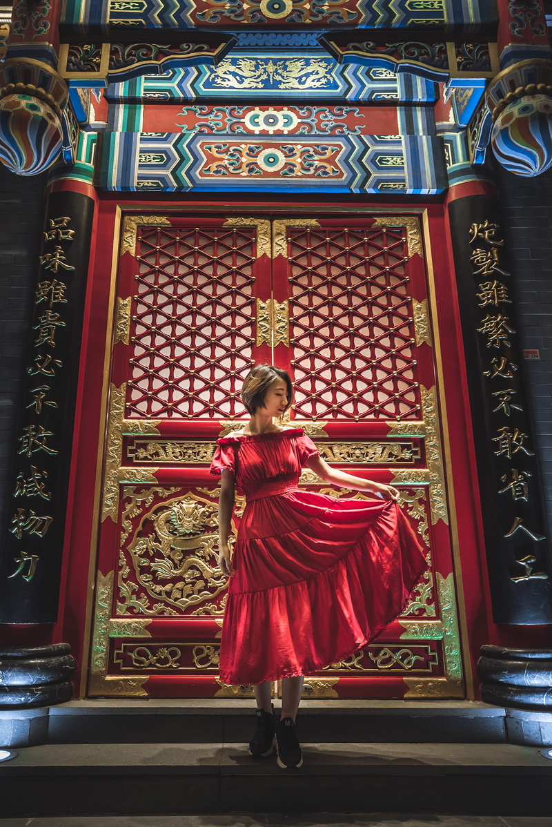 place of worship, religion, art, built structure, architecture, door, dress, china, night, standing, one person, red, front, girl, building, beautiful