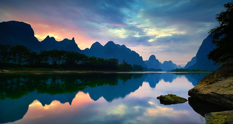tree, lake, mirror, no people, mountain range, mountain, clouds, trees, China, rock, beauty in nature, water, Guangxi, mountains, rock - object, nature