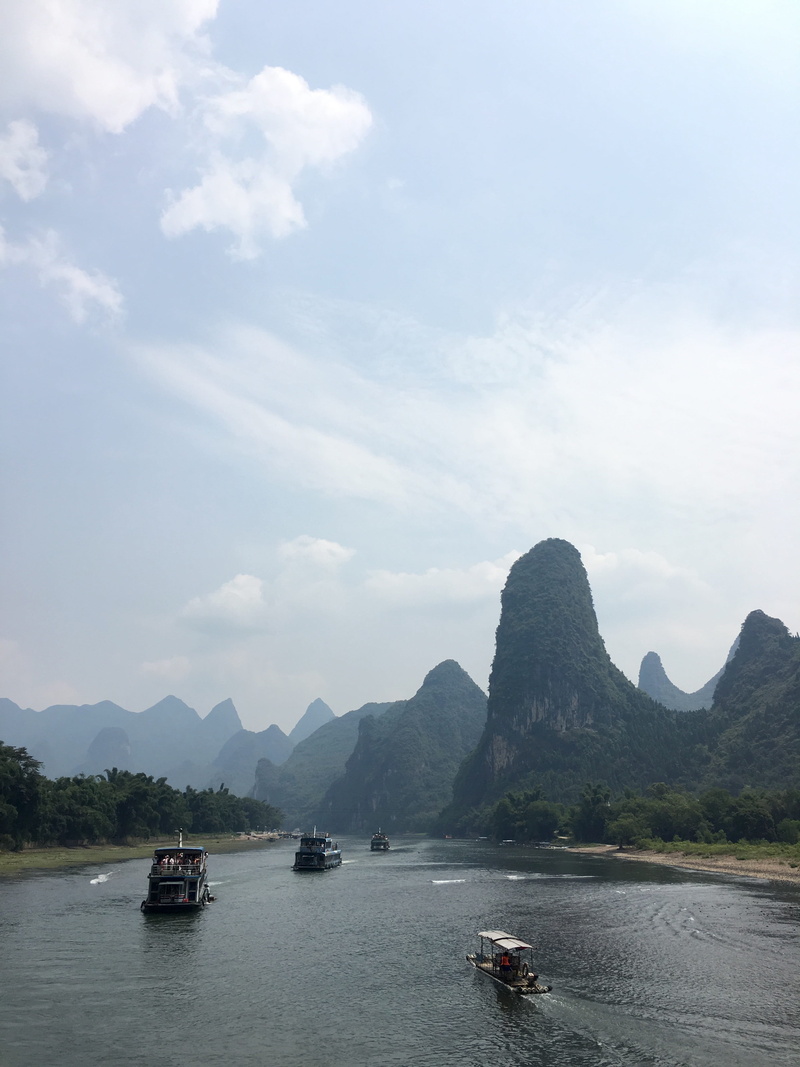 cloud - sky, no people, li river, scenics, mode of transportation, mountain range, beauty in nature, tranquility, dragons bone, rice paddies, passenger craft