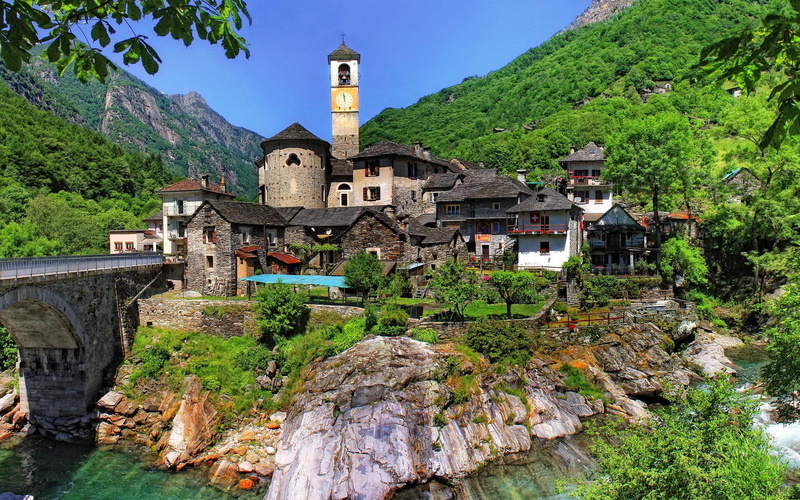 valley, bridge, little, 1080P, gorgeous, mountains, church, bridgemriver, town, across, nature and landscapes