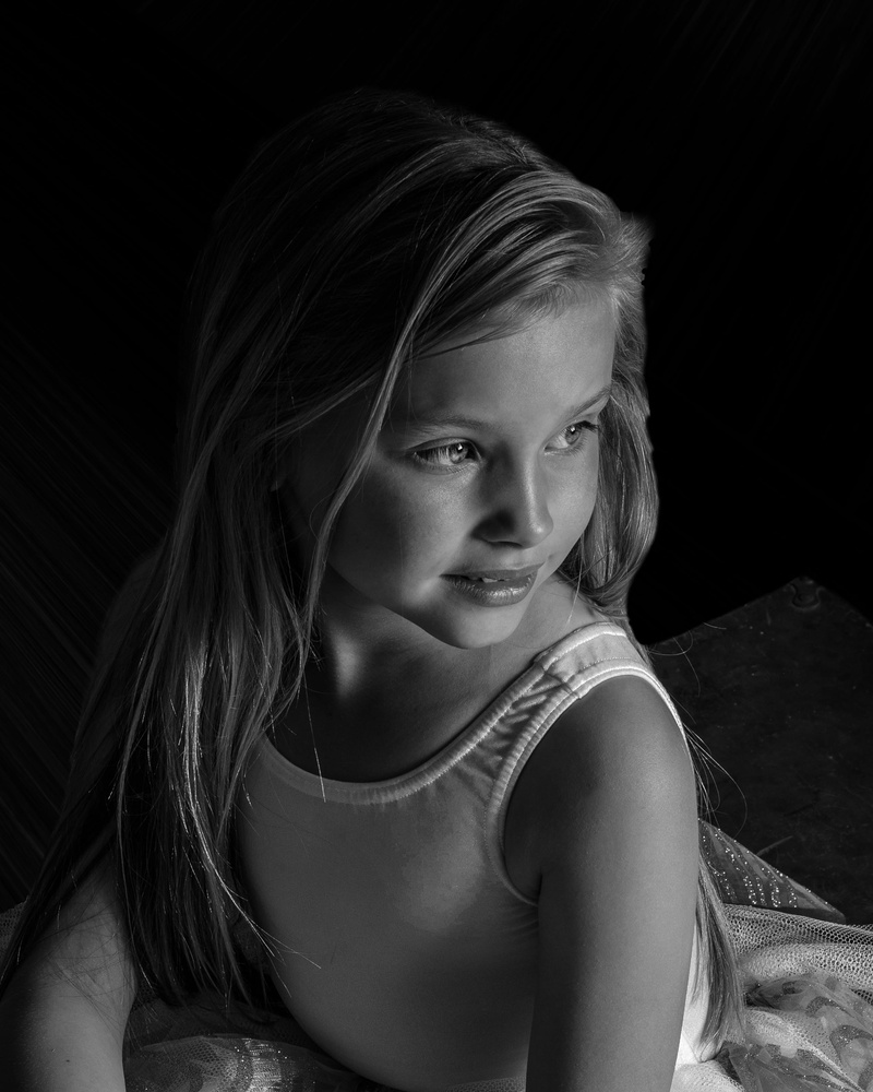 innocence, one person, leotard, looking at camera, black background, hairstyle, contemplation, pretty, beautiful, lifestyles, 2K, girls, wearing, grayscale