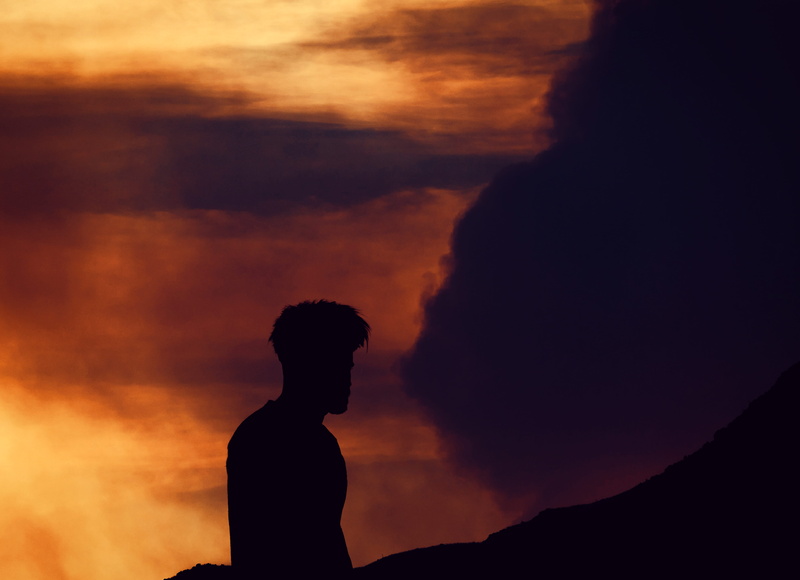 men, orange color, water, tranquil scene, near, cloudy, one person, foggy, adult, man, silhouette, night, waist up, fog, sun, relax, nature, sunset, sky
