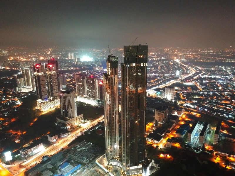 office building exterior, building, skyscraper, tall - high, high angle view, 2K, night, outdoors, built structure, tower, city life, city, residential district