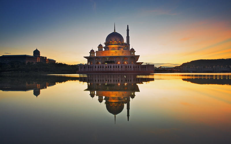 mosque, nature, Religious, spire, water, putra, religion, outdoors, lake, malaysia, built structure, belief, sunset, architecture, spirituality, no people